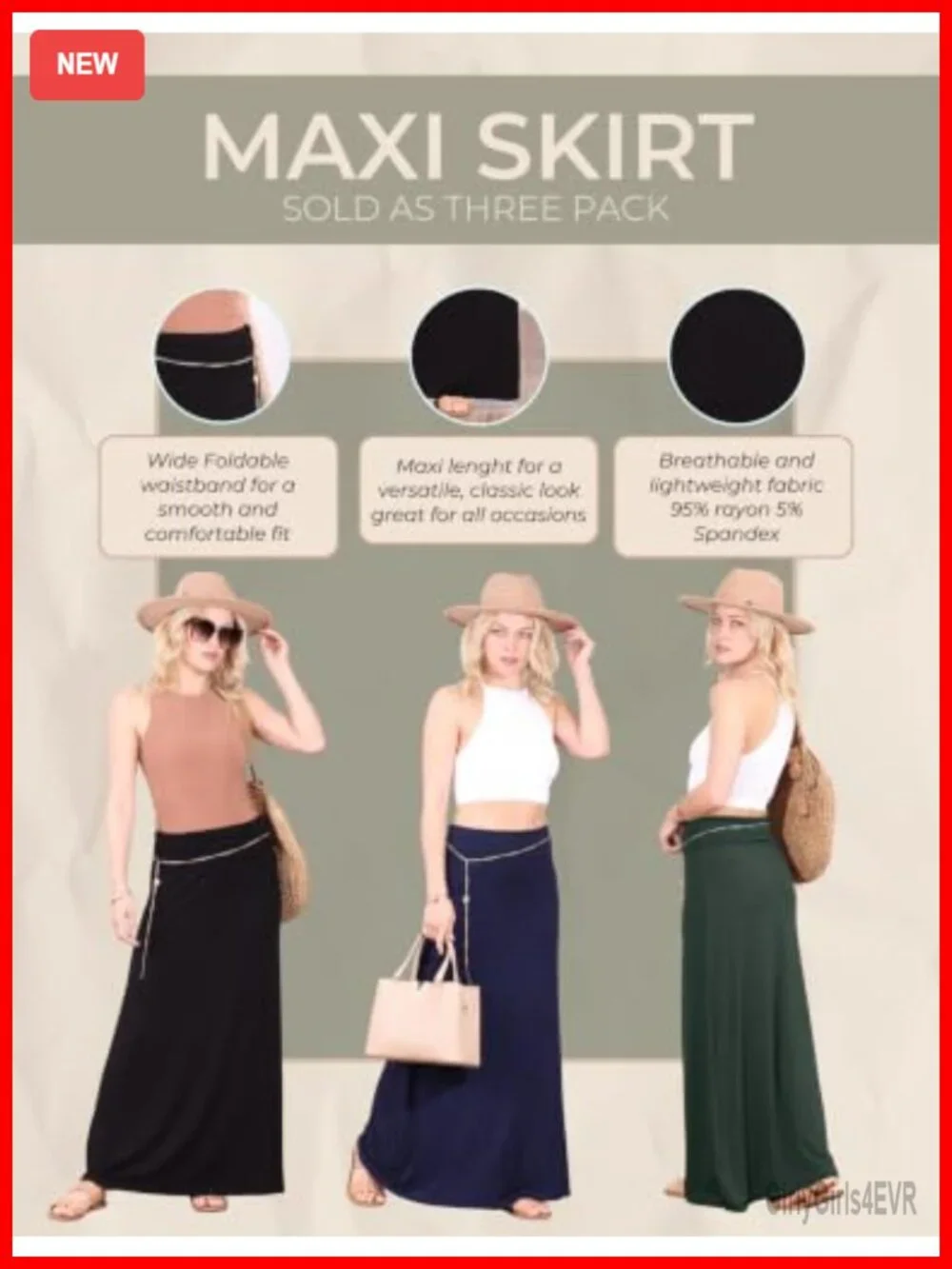 Popana Womens Long Flowy Maxi Skirt A-Line Rayon Spandex Stretch 3 Pack